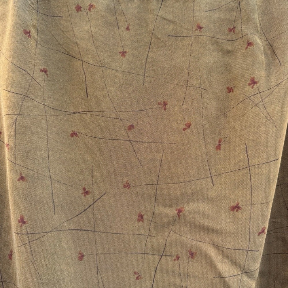 Vintage Sheer Overlay Maxi Skirt Olive Brown Abstract Floral Print‎ Back Slit